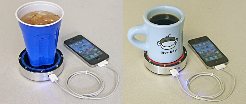 Device that charges your phone from hot or cold drinks.