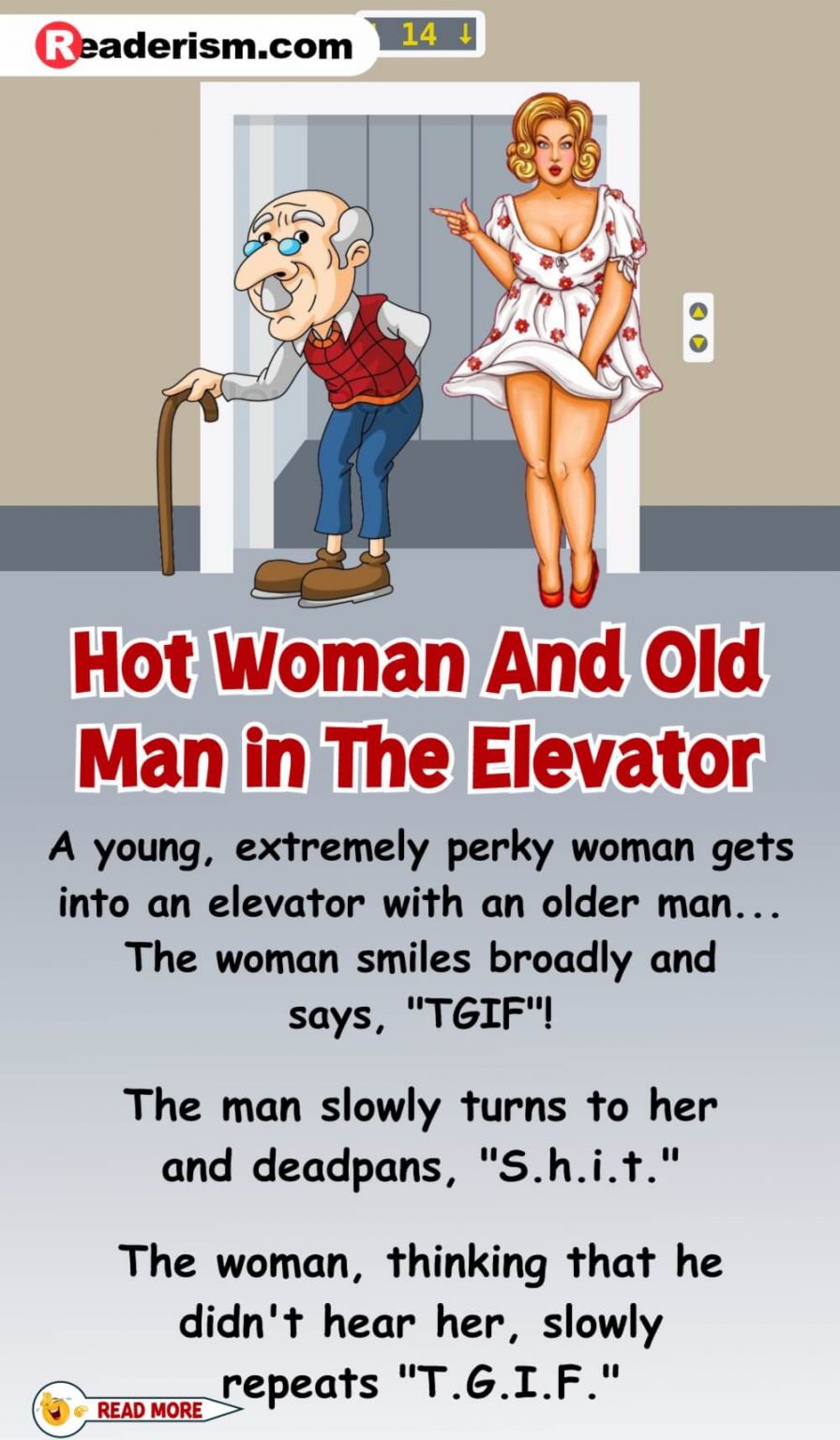 Woman and old man in the elevator